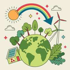 Fototapeta premium A colorful vector illustration of the Earth with eco-friendly symbols and renewable energy sources