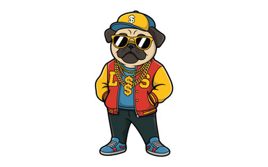 Naklejka premium This stylish cartoon pug wears a yellow cap, dark sunglasses, and prominent gold dollar sign chains