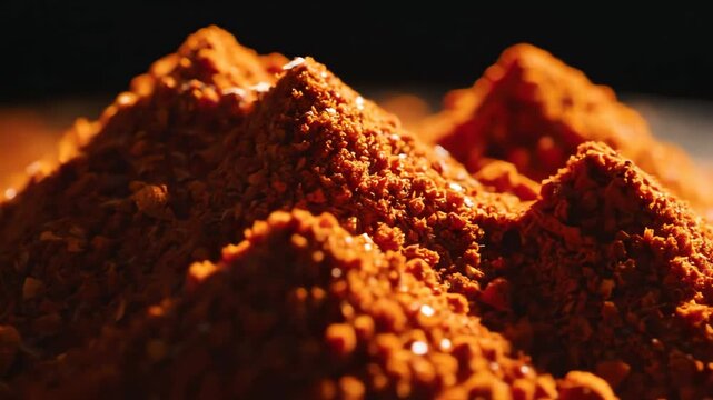 Close up of vibrant red powdered spice heap against dark background