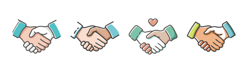 Fototapeta premium Handshake icons in various skin tones and colors signifying agreement and partnership.