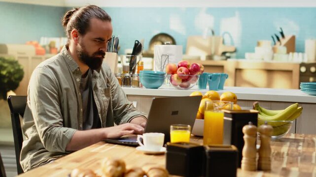 Overwhelmed man getting mad and angry but calming himself with mindfulness, closing eyes and breathing in order to relax. Stress management at laptop after making a mistake to avoid crisis.