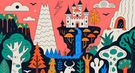 Illustrate breathtaking fantasy landscapes featuring magical mountains, enchanted forests, and mysterious skies. Incorporate elements like castles, waterfalls, and mythical creatures to evoke a sense 