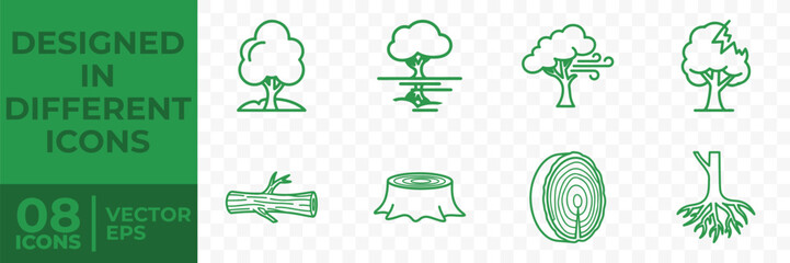 Fototapeta premium A set of 8 flat vector icons depicting various tree-related graphics, including trees, stumps, and logs, in a simple green line style.