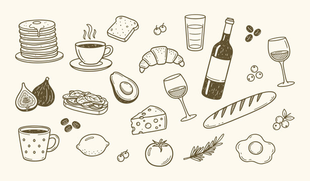 Hand drawn Italian food and culture clipart set in sketch doodle style. Perfect for quirky wedding holiday, dinner and bar menu, bachelorette party, birthday invitation