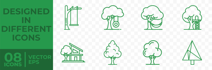 Fototapeta premium A collection of 8 green tree icons in flat vector style, designed in different illustrations, ideal for graphic design projects.