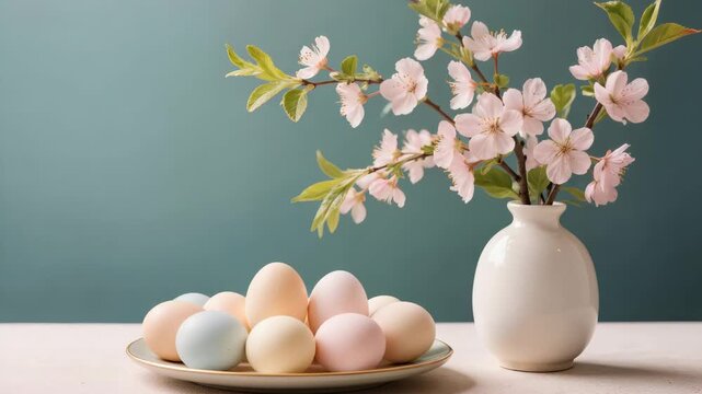 Pastel Easter eggs arranged on ceramic plate beside blooming spring branch placed in white vase. Elegant seasonal decoration with flowers and soft festive colors.