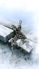 Fototapeta premium Melancholy coastal scene watercolor illustration of weathered chain link on aged pier boards