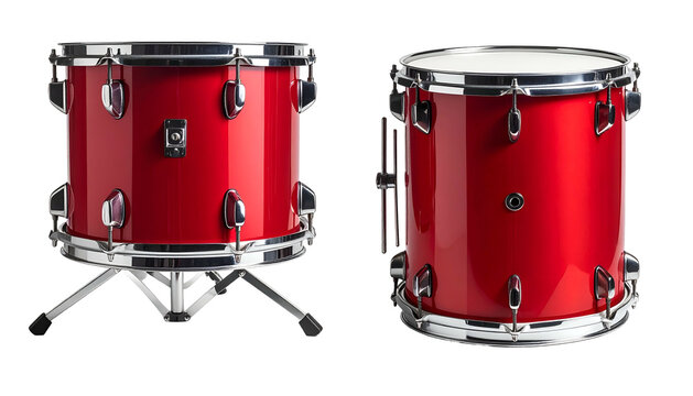 Two glossy red cylindrical drums, one on stand, isolated on a black background