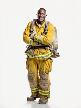 Full shot of smiling African American firefighter in yellow uniform standing with arms crossed on white background