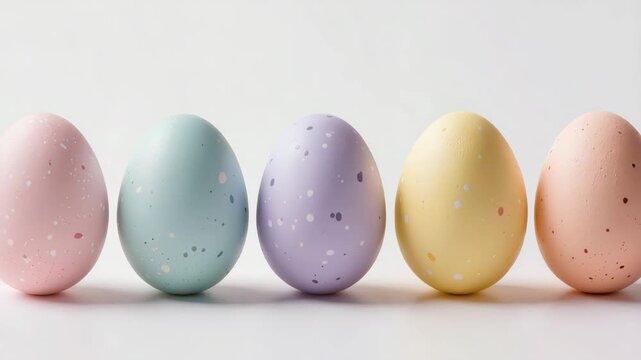 Five pastel Easter eggs with delicate speckled pattern arranged in row. Minimal festive spring composition isolated on white background.