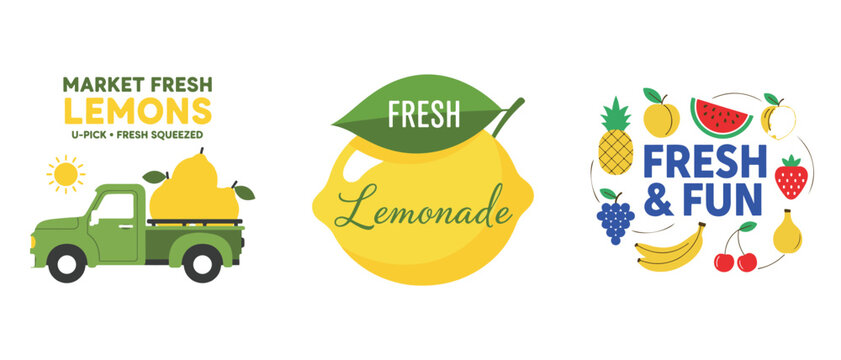 Colorful vector illustration showcasing fresh lemons lemonade and various fruits with a market theme