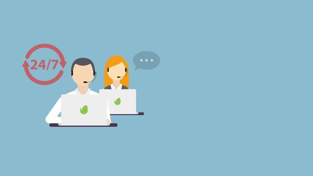 Customer service representatives with laptops and 24/7 support icon Keywords: customer service