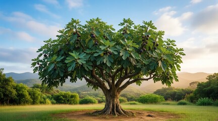 Fototapeta premium Fig tree in grassy field with mountains in background, lush leaves, ripe figs. Concept of subtropical garden, serene beauty, snowy plateau, natural abundance.