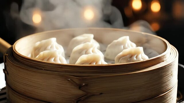 Steaming dumplings in bamboo basket food photography