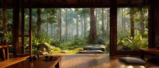 Fototapeta premium Serene Forest View from Wooden House Interior with Tea Set and Cushions in Zen Garden Style
