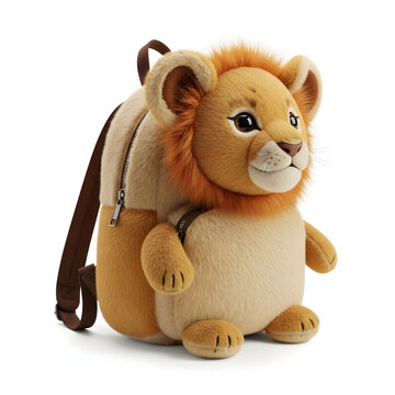 Cute lion stuffed animal backpack with brown strap and zipper for kids travel transparent background