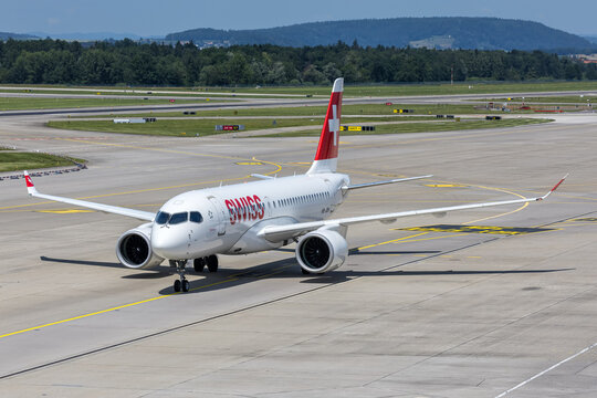 Swiss Airbus A220-100 airplane at Zurich airport in Switzerland