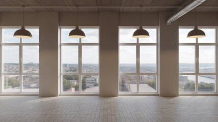 Fototapeta premium Loft Interior with Large Windows Overlooking Cityscape and Wooden Floor photo empty