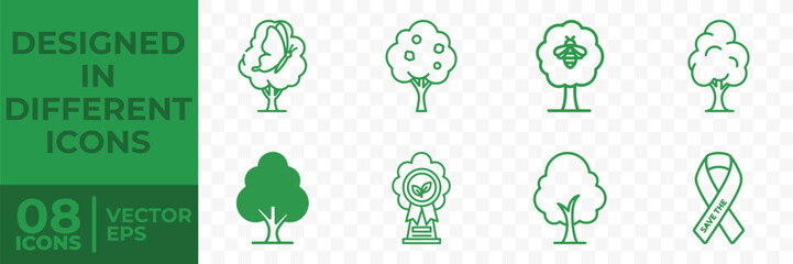 Fototapeta premium A collection of 8 flat vector tree icons in green, designed in different styles, presented on a transparent background.