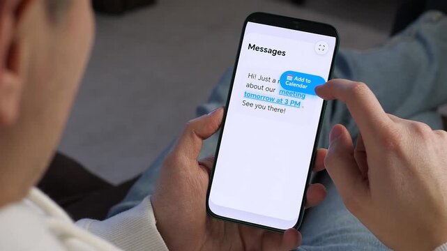Organizing Busy Schedule Using Intuitive Mobile App. Smart scheduling in action. Close-up of a user adding an event to their calendar from a message. Ideal for illustrating digital organization and