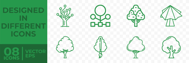 Fototapeta premium A collection of 8 flat vector tree icons in green, designed in different styles, perfect for graphic design projects.