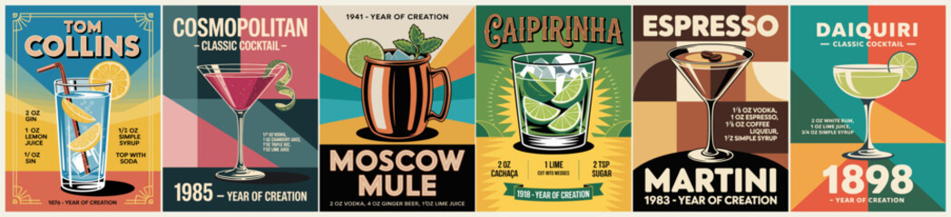 Set of retro cocktail recipe posters featuring Tom Collins, Cosmopolitan, Moscow Mule, Caipirinha, Espresso Martini and Daiquiri. Vintage bar art with ingredients, flat vector design and bold colors.