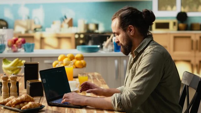 Man communicates with AI chatbot and image generator, transforming text to image with prompts. Artificial intelligence tools, autonomous software, and real-time interaction for creative tasks.