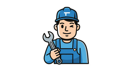 Fototapeta premium Cartoon Mechanic Holding Adjustable Wrench Tool.