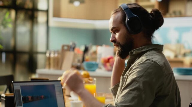 Headset laptop, game developer, building video game, listening to music, gaming innovation with programming visual effects and virtual world design, professional tech and creative development.