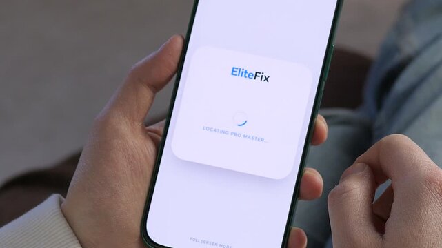 Person using mobile application to request device repair. Online platform finds professional and confirms arrival time. Smart service marketplace, remote assistance, customer experience and innovative