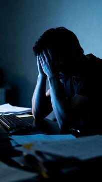 silhouetted man stressed at computer in dark room vertical video