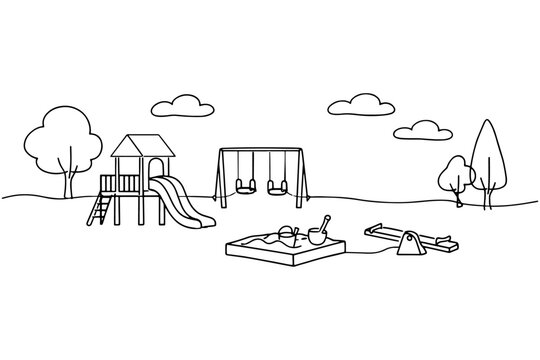 Black and White Playground Vector, Children&rsquo;s Wooden Playhouse with Slide Swings and Sandbox Line Drawing