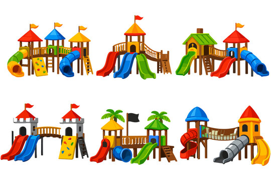 Colorful Playground Equipment Vector, Children Playing in Outdoor Park, Fun Structures for Recreation and Games