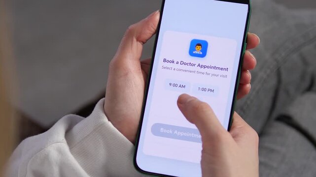 Hands using smartphone to schedule medical visit, choose time slot and receive appointment confirmation. Trendy digital health, telehealth and online booking workflow, ideal for healthcare marketing