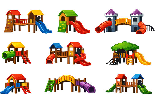 Colorful Children&rsquo;s Playground Vector, Outdoor Park Play Area with Slides, Swings, and Fun Structures for Kids