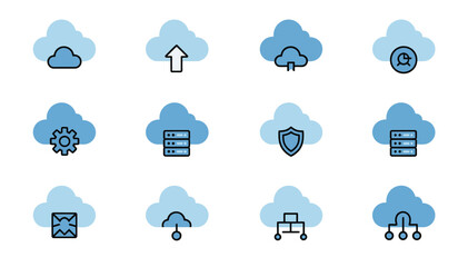 Fototapeta premium Modern blue and black outline cloud computing icon set representing data management, security, and network services.