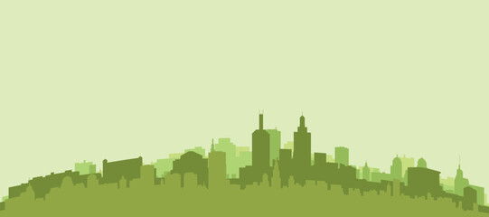 Naklejka premium Green panoramic poster of the city skyline with solid background buildings on a hilly terrain of MELBOURNE, AUSTRALIA