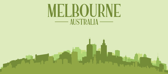 Fototapeta premium Green panoramic poster of the city skyline with solid background buildings on a hilly terrain of MELBOURNE, AUSTRALIA
