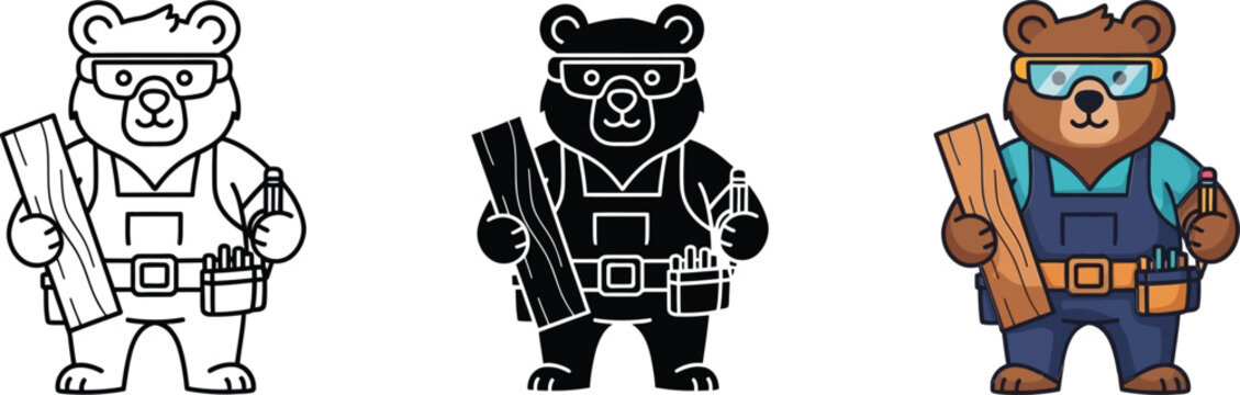Adorable vector graphic illustration featuring a friendly carpenter bear character wearing safety goggles and overalls holding a wooden plank ready for construction work