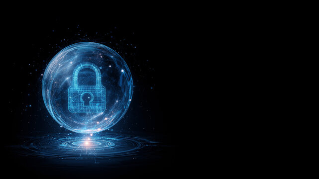 Cyber security concept banner with a padlock in the circle. illustrates cyber data