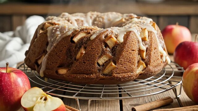 Close up of freshly baked bundt cake with apples and glaze