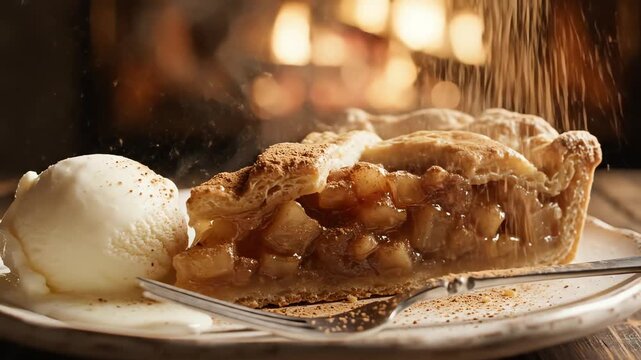 Close up of apple pie slice with vanilla ice cream on plate