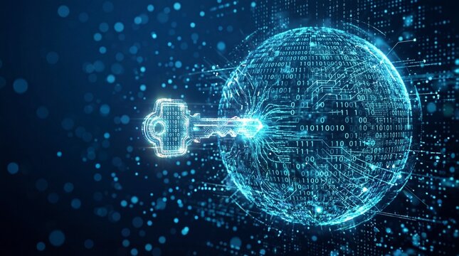 glowing digital key unlocking global sphere of binary code and circuits on dark blue background. internet security, data encryption concept. copyspace, banner, website header.