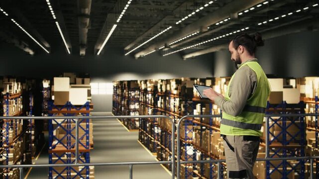 Male employee checking parcel status on a tracking software with tablet, shipment details and AWB tags ensuring package tracking in warehouse. Adult man wearing safety vest on platform.