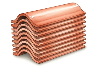 A stack of shiny copper roof tiles arranged neatly on a white surface indoors