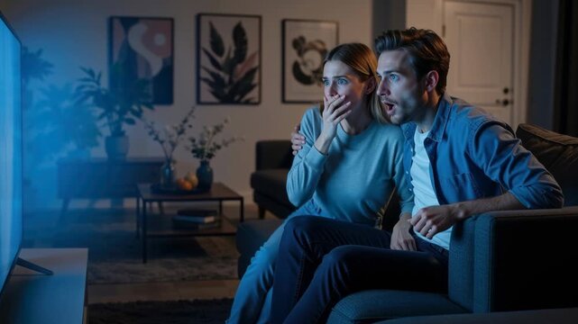 Side view of a young couple reacting with fear and shock to a movie. Man and woman watching television in a dark living room. Horror movie night concept