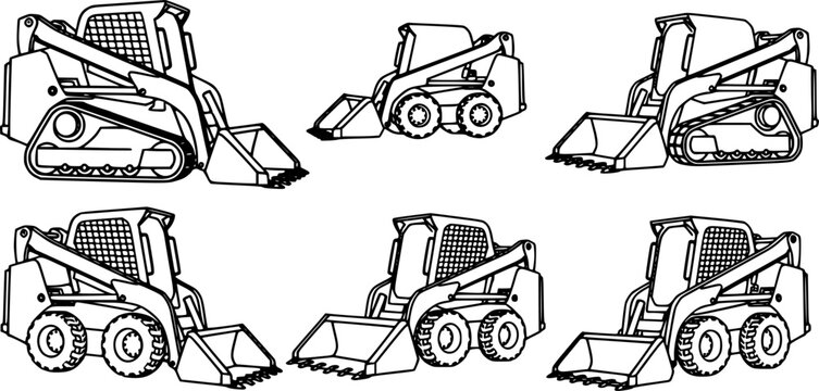 Set of Skid steer loaders Outline vector illustration isolated On Transparent Background
