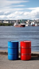 Obraz premium Two oil barrels marked with Russian and American flags on a dock with cargo ships in the background at an industrial port setting