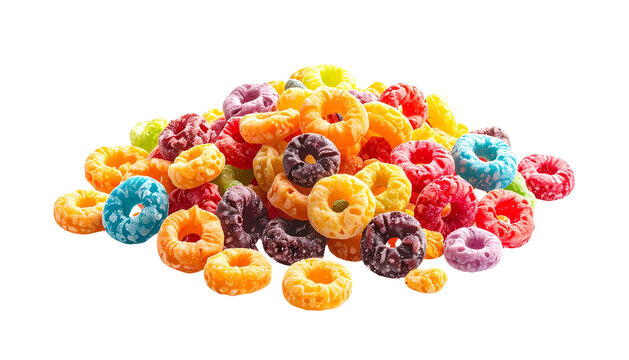 A vibrant pile of colorful, frosted cereal loops against a stark black background