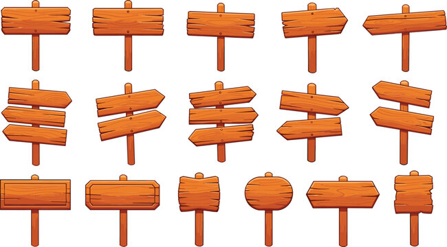 Cartoon Wooden Signboards Collection with Direction Arrows Blank Rustic Boards and Street Sign Vector Illustration Set